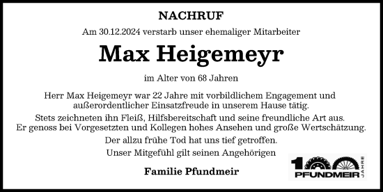 Traueranzeige von Max Heigemeyr von Friedberger Allgemeine, Aichacher Nachrichten