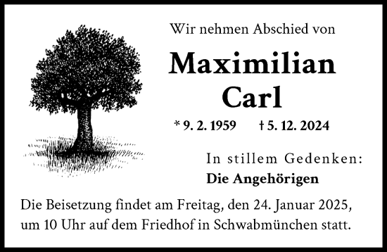 Traueranzeige von Maximilian Carl von Schwabmünchner Allgemeine