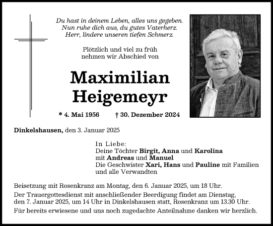 Traueranzeige von Maximilian Heigemeyr von Neuburger Rundschau