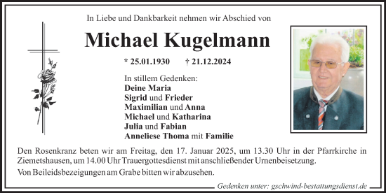 Traueranzeige von Michael Kugelmann von Mittelschwäbische Nachrichten