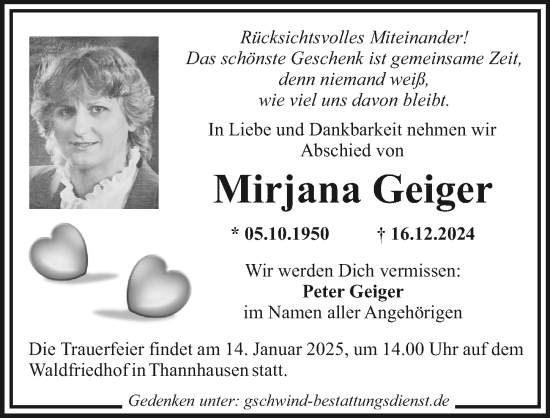 Traueranzeige von Mirjana Geiger von Mittelschwäbische Nachrichten