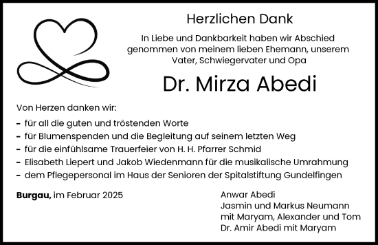 Traueranzeige von Mirza Abedi von Günzburger Zeitung
