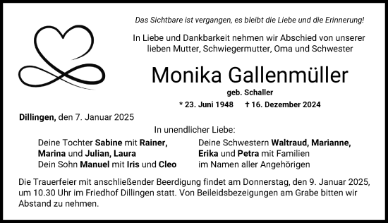 Traueranzeige von Monika Gallenmüller von Donau Zeitung