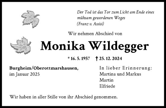 Traueranzeige von Monika Wildegger von Schwabmünchner Allgemeine