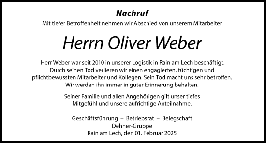 Traueranzeige von Oliver Weber von Donauwörther Zeitung