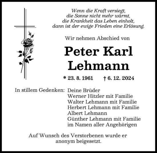 Traueranzeige von Peter Karl Lehmann von Donau Zeitung