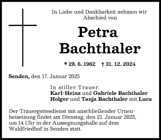 Traueranzeige von Petra Bachthaler von Neu-Ulmer Zeitung