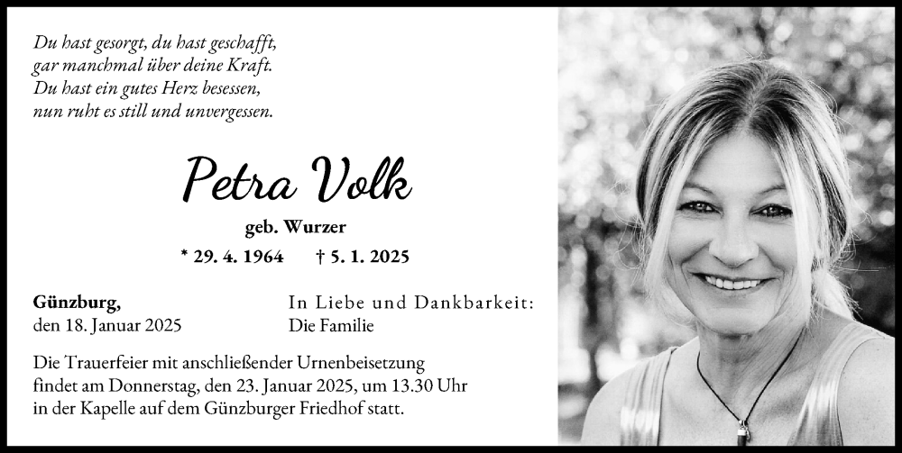  Traueranzeige für Petra Volk vom 18.01.2025 aus Günzburger Zeitung