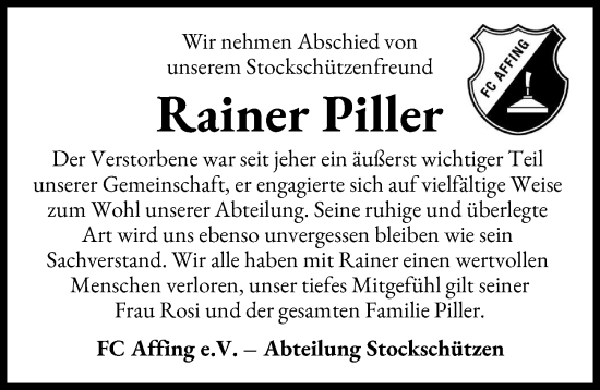 Traueranzeige von Rainer Piller von Aichacher Nachrichten