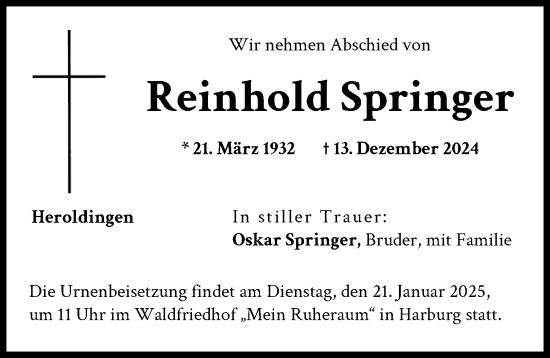 Traueranzeige von Reinhold Springer von Rieser Nachrichten, Donauwörther Zeitung