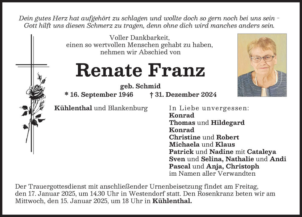  Traueranzeige für Renate Franz vom 14.01.2025 aus Augsburg-Land