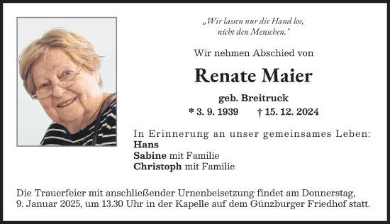Traueranzeige von Renate Maier von Günzburger Zeitung