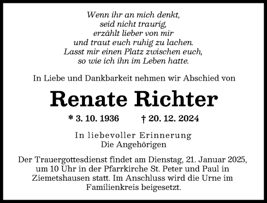 Traueranzeige von Renate Richter von Mittelschwäbische Nachrichten