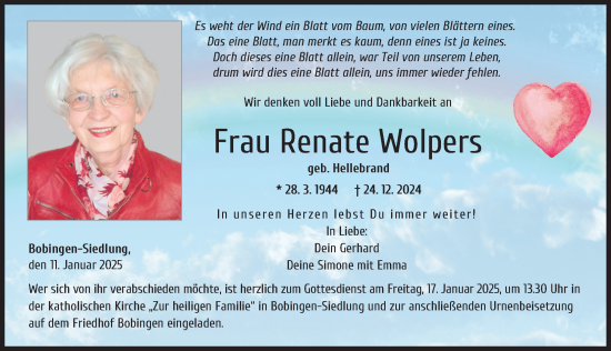 Traueranzeige von Renate Wolpers von Augsburger Allgemeine