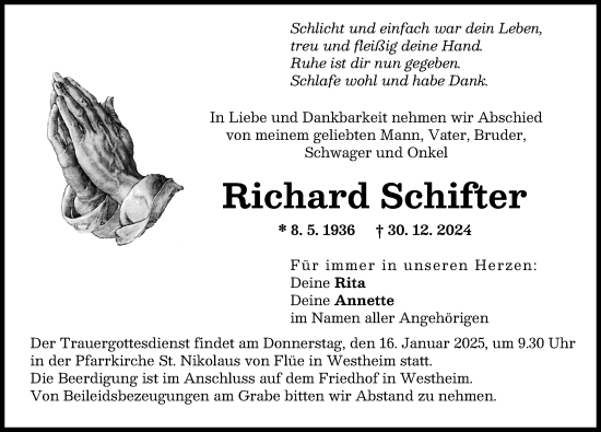 Traueranzeige von Richard Schifter von Augsburger Allgemeine