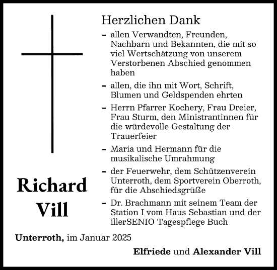 Traueranzeige von Richard Vill von Illertisser Zeitung
