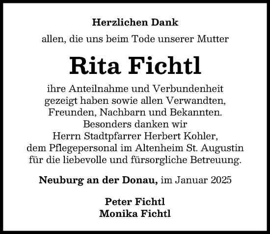 Traueranzeige von Rita Fichtl von Neuburger Rundschau