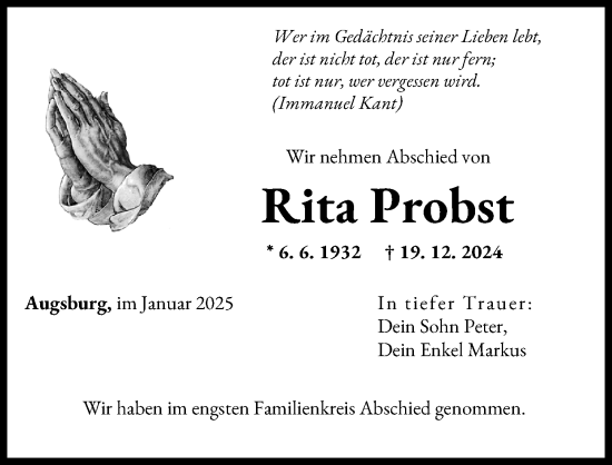 Traueranzeige von Rita Probst von Augsburger Allgemeine