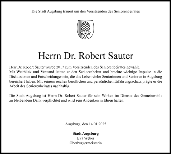 Traueranzeige von Robert Sauter von Augsburger Allgemeine