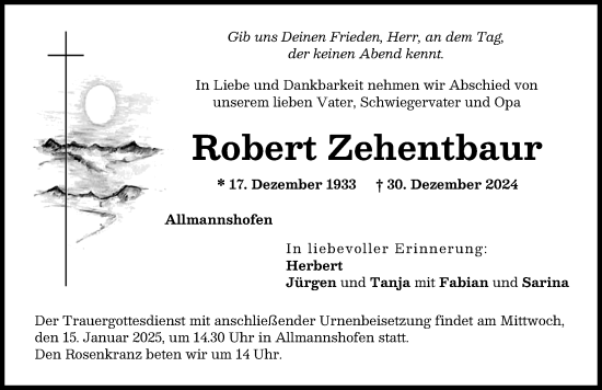Traueranzeige von Robert Zehentbaur von Augsburg-Land