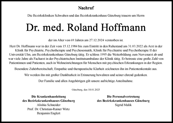 Traueranzeige von Roland Hoffmann von Günzburger Zeitung