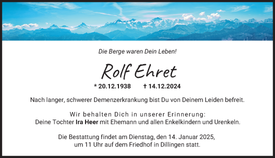 Traueranzeige von Rolf Ehret von Donau Zeitung