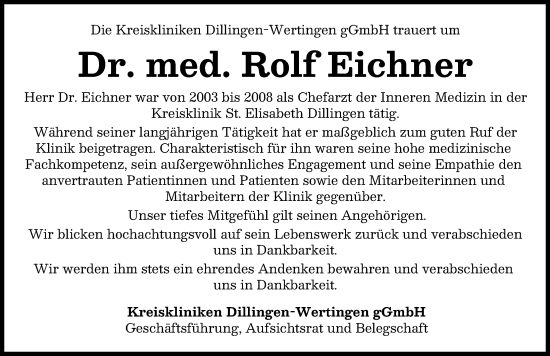 Traueranzeige von Rolf Eichner von Donau Zeitung