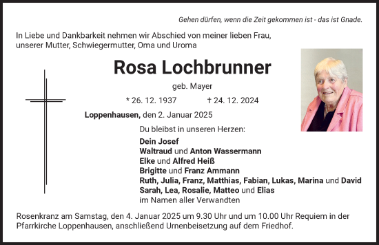 Traueranzeige von Rosa Lochbrunner von Mindelheimer Zeitung