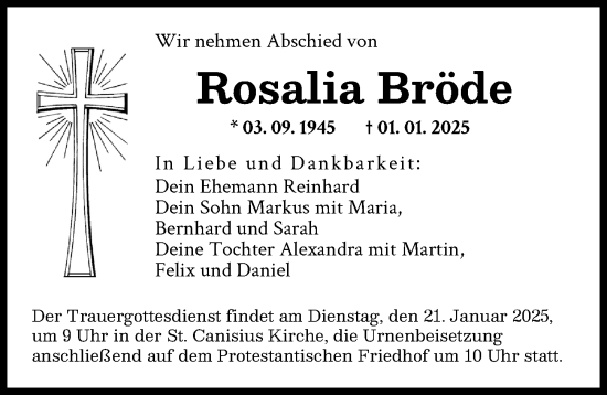 Traueranzeige von Rosalia Bröde von Augsburger Allgemeine