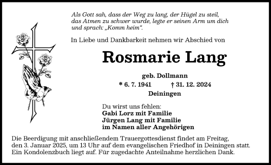 Traueranzeige von Rosmarie Lang von Rieser Nachrichten