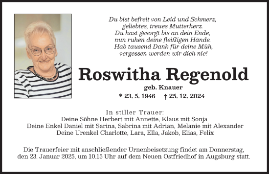 Traueranzeige von Roswitha Regenold von Augsburger Allgemeine
