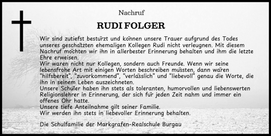 Traueranzeige von Rudi Folger von Günzburger Zeitung