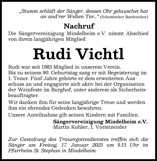 Traueranzeige von Rudi Vichtl von Mindelheimer Zeitung