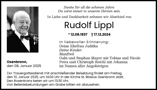 Traueranzeige von Rudolf Lippl von Günzburger Zeitung