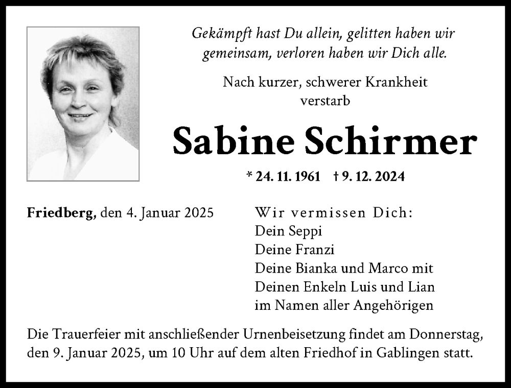  Traueranzeige für Sabine Schirmer vom 04.01.2025 aus Augsburger Allgemeine