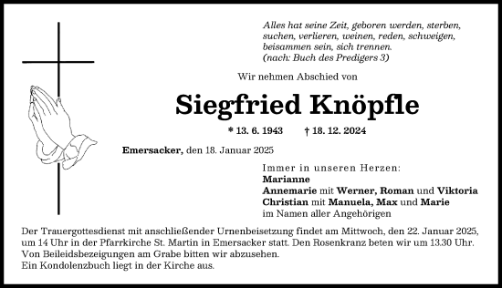 Traueranzeige von Siegfried Knöpfle von Wertinger Zeitung, Augsburg-Land
