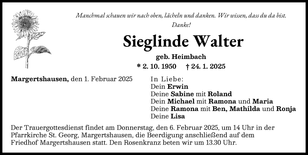  Traueranzeige für Sieglinde Walter vom 01.02.2025 aus Augsburg-Land