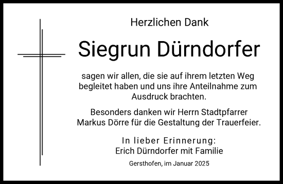 Traueranzeige von Siegrun Dürndorfer von Augsburger Allgemeine