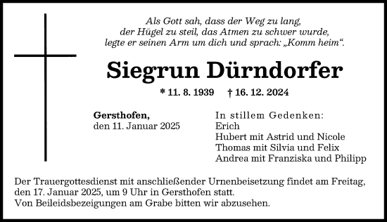 Traueranzeige von Siegrun Dürndorfer von Augsburger Allgemeine