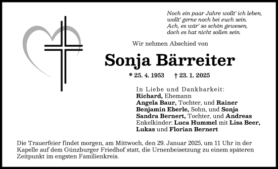 Traueranzeige von Sonja Bärreiter von Günzburger Zeitung