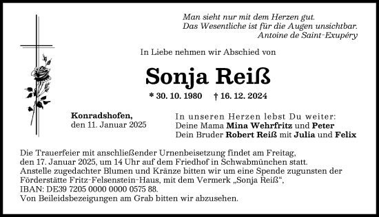 Traueranzeige von Sonja Reiß von Schwabmünchner Allgemeine