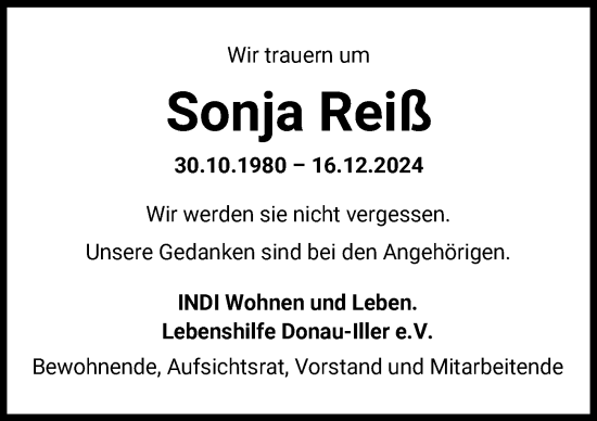 Traueranzeige von Sonja Reiß von Illertisser Zeitung