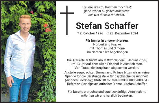 Traueranzeige von Stefan Schaffer von Aichacher Nachrichten