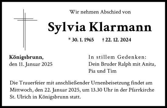 Traueranzeige von Sylvia Klarmann von Augsburger Allgemeine