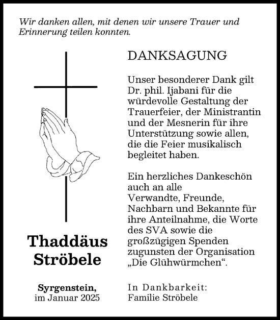 Traueranzeige von Thaddäus Ströbele von Donau Zeitung