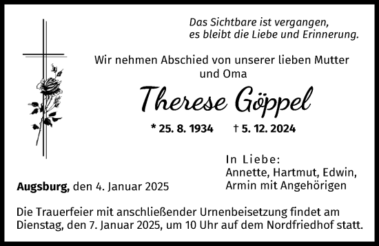 Traueranzeige von Therese Göppel von Augsburger Allgemeine
