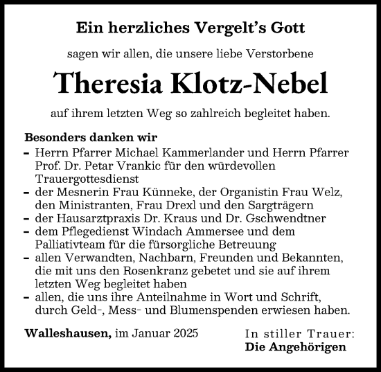 Traueranzeige von Theresia Klotz-Nebel von Landsberger Tagblatt
