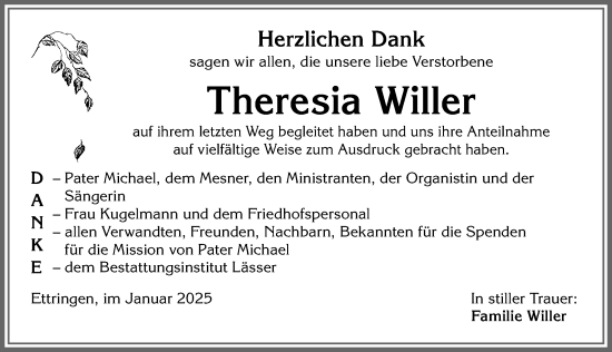 Traueranzeige von Theresia Willer von Mindelheimer Zeitung