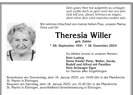 Traueranzeige von Theresia Willer von Mindelheimer Zeitung
