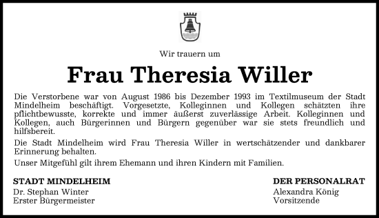 Traueranzeige von Theresia Willer von Mindelheimer Zeitung